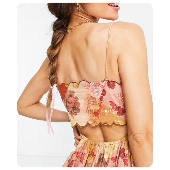 ASOS Design Scalloped Edge Cut-Out Back Spaghetti Strap Mixed Floral Patchwork - Picture 2 of 8